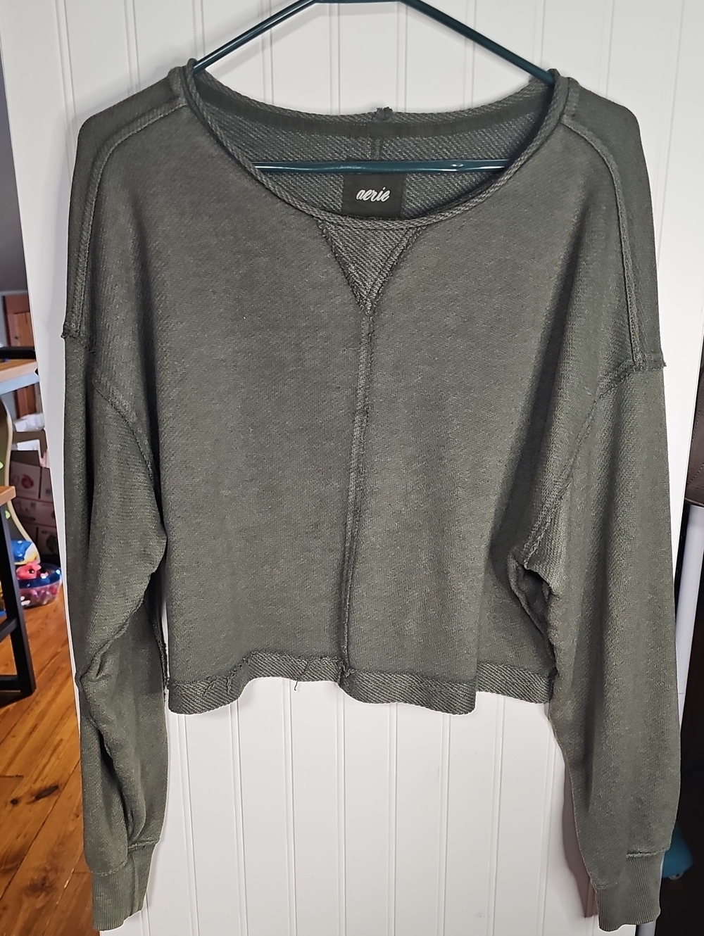 aerie Olive Green Cropped Raw-Edge Sweatshirt